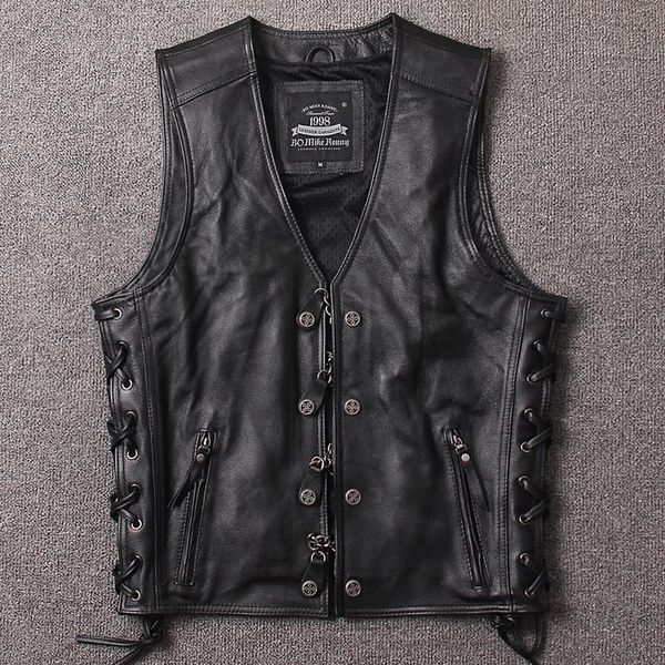 

men's vests casual genuine leather vest tough man style sleeveless natural cow jacket knight's motorcycle, Black;white