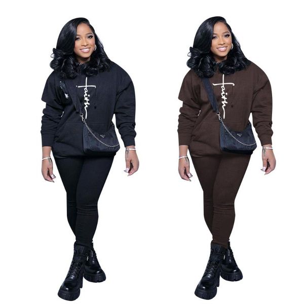 

women's two piece pants street wear sweatsuits for women fashion hooded pattern pocket jogging set suits wholesale drop, White