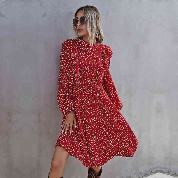 

fashion ruffles heart dot print dress women elegant full sleeve high waist ladies spring autumn long floral dress red, Black;gray