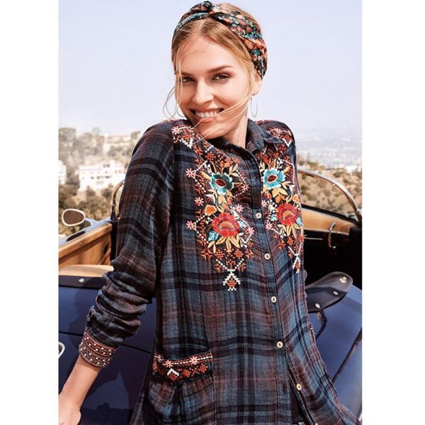 

women's blouses & shirts 2021 flower embroidery women shirt autumn long sleeve pocket oversized plaid female turn down collar casual f, White