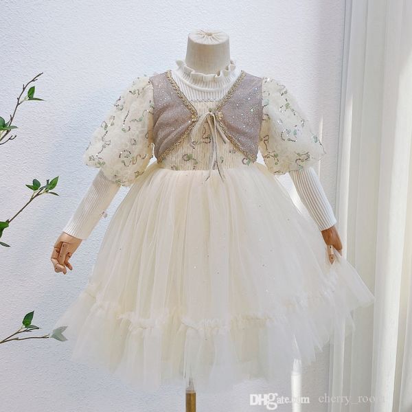 

girls 2021 autumn winter holiday dresses lovely kids lace sequin long sleeve birthday dress false 2pcs children party clothing s1683, Red;yellow