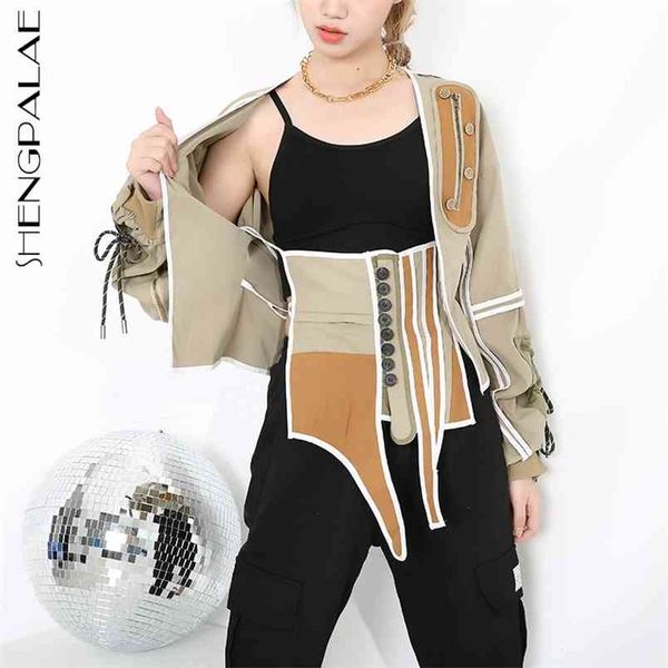 

striped contrast colors lantern sleeves printed metal buttons waist jacket spliced straps two pieces wn67901l 210427, Tan;black