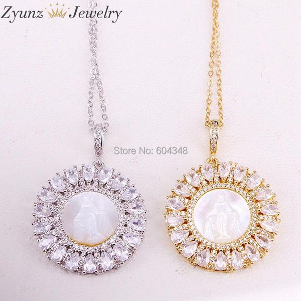 

pendant necklaces 5 strands zyz323-8772 cz micro pave white shell jesus / mary round necklace, carved religious charm, Silver