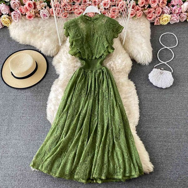 

purple/green/red vintage midi lasso sweet feminine around the neck plissado female dress waist thin robe spring 2021, Black;gray