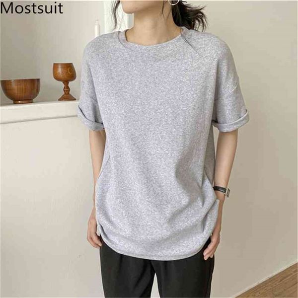 

casual korean solid women tshirts short sleeve o-neck simple basic tees t shirts autumn fashion loose female t-shirts 210513, White