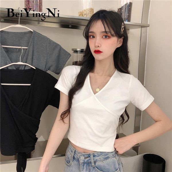 

beiyingni women t-shirts summer hipster slim short sleeve t-shirt womans high street casual vintage harajuku v-neck solid tshirt women', White