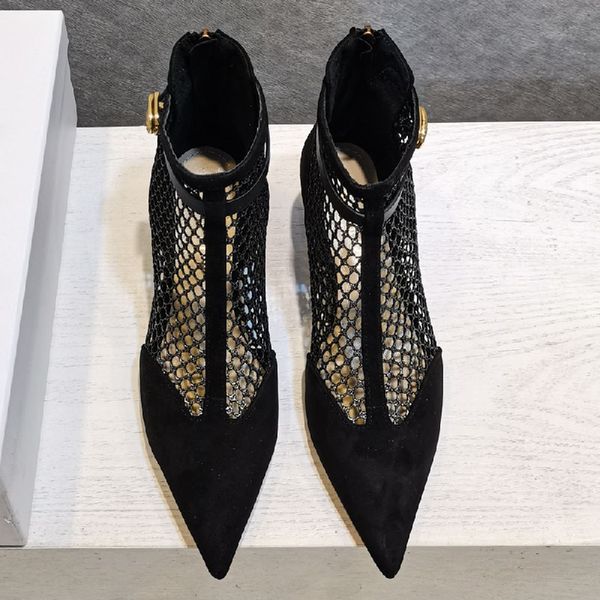 

mesh woman loafers spring autumn heel luxury pointed toe lady shoes women buckle anke strap high heels, Black