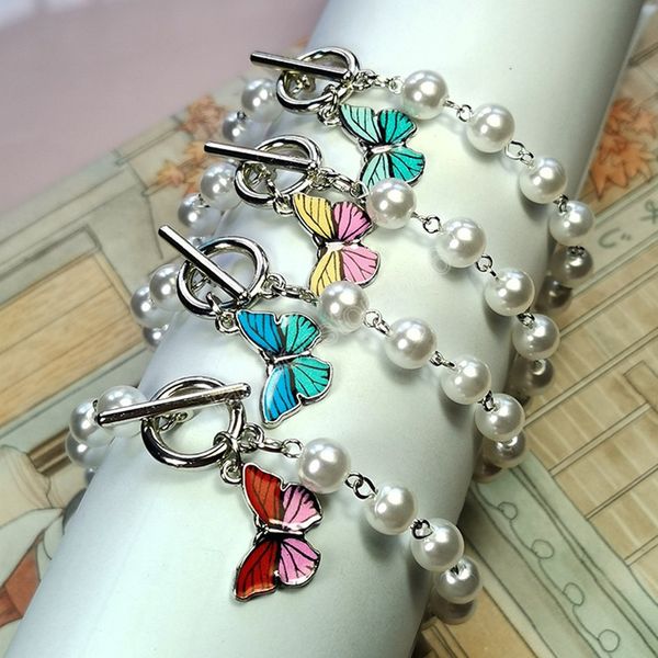 Bracciale a catena color argento moda ciondolo a forma di farfalla carino per le donne gioielli di tendenza braccialetto di perle imitazione bohemien