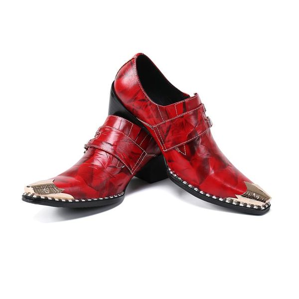 Tasarımcı Orta Topuklu Parti Erkekler Elbise Ayakkabı Kırmızı Gerçek Tam Tahıl Deri Iş Ayakkabıları Toka Resmi Adam Ayakkabı Artı Boyutu