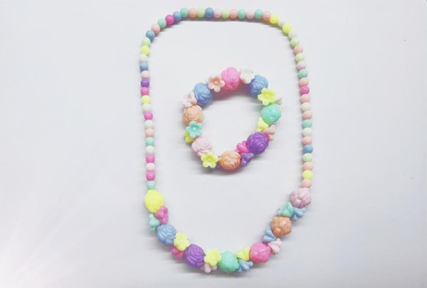 

earrings & necklace 2021 fashion children's jewelry birthday gift colorful bead bracelet set, Silver