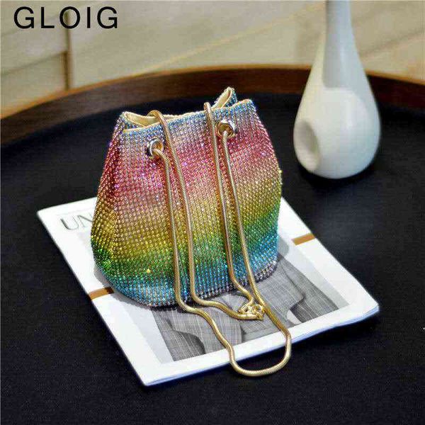 

evening bags crystal bucket bag for women multicolor rhinestone beaded ladies handbag luxury shoulder bag 220314