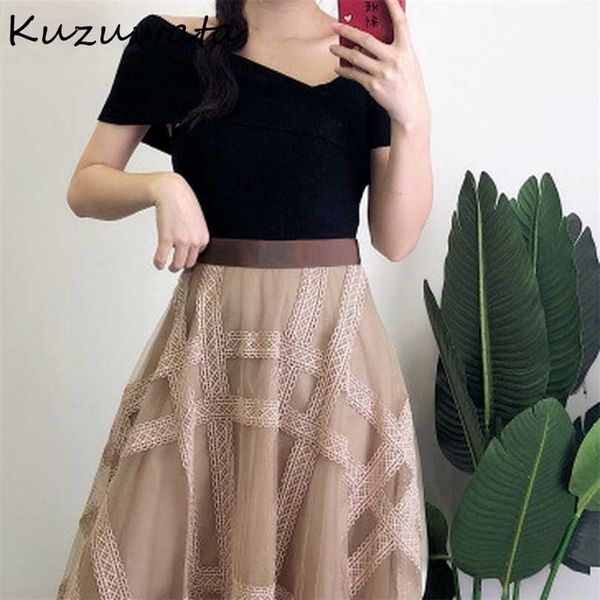 

kuzuwata sk collar short sleeve shoulder strapless t shirt women slim fit cross design solid tees summer 211018, White;black