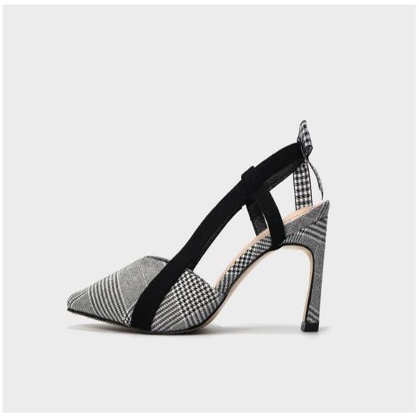 

sandals 2021 fashion elegant women microfiber grid small pointed head bowknot high-heeled viscose single shoes gray 34-40, Black