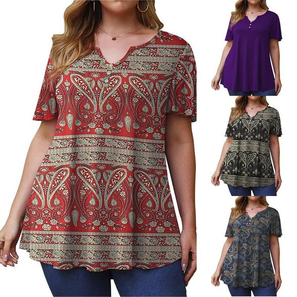 

women's t-shirt summer fashion short sleeve flower printed loose casual pullover vintage print plus size 5xl, White