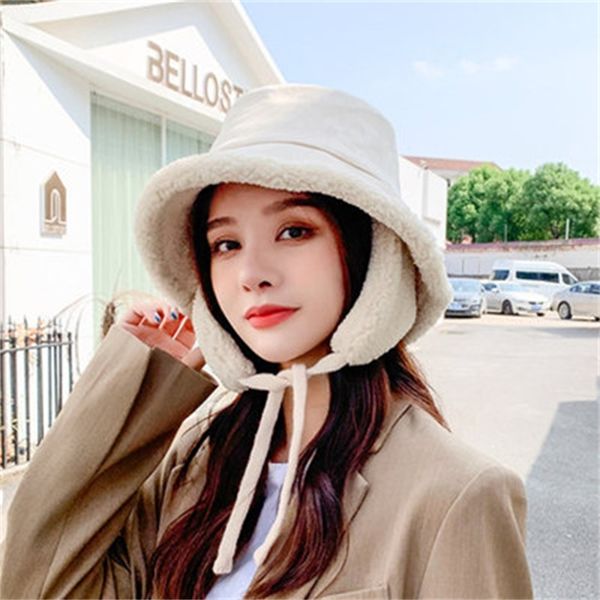 

brand caps hat female autumn and winter versatile korean version tide lovely basin hat suede lamb wool thickened warm ear protectio, Blue;gray