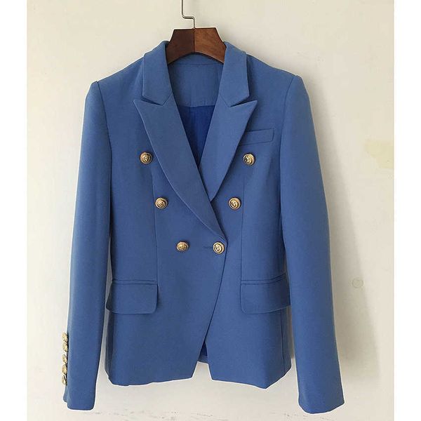 

fashion designer blazer jacket women's classical metal lion buttons double breasted lake blue 210526, White;black