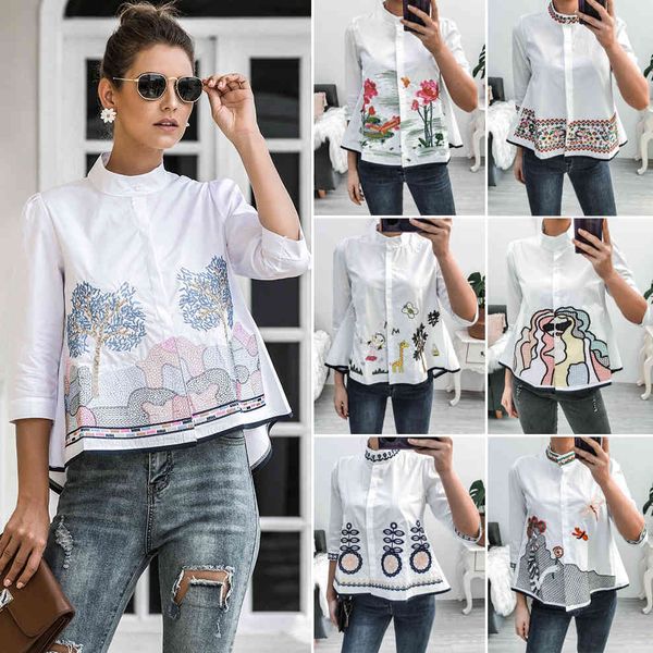 

embroidery shirt women summer autumn 2021 new arrival fashion 3/4 sleeve casual blouses ladies white doll shirt