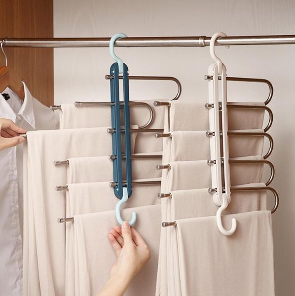 

hooks & rails multi-functional 5 in 1 trouser storage rack adjustable pants tie shelf closet organizer stainless steel clothes hanger