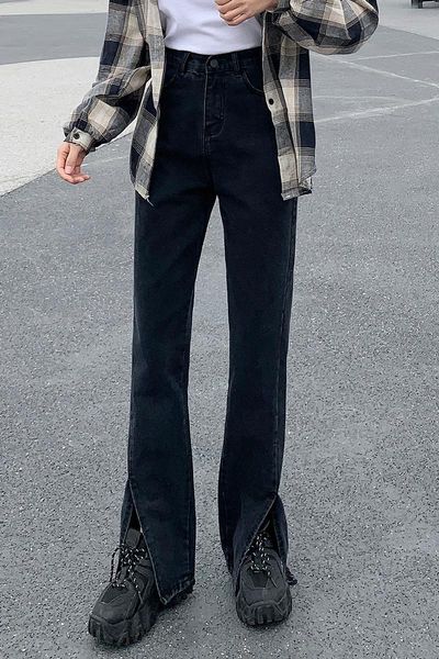 

women's jeans syiwidii women black flare pants front side slit leg 2021 fall high waisted bell bottom full length denim clothes, Blue