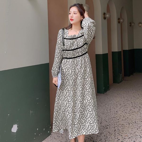 

maternity dresses 2021 autumn floral dress long lantern sleeve square collar high waist stripe patchwork pregnant woman, White