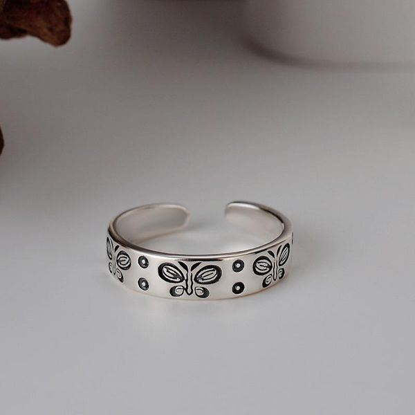 

leouerry 925 sterling silver open rings for women korean style vintage butterfly texture elegant glossy jewelry cluster, Golden;silver