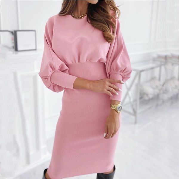 

autumn casual women slim bag hip solid color knitted midi dress 2021 lady pink waist office female black bodycon dresses veseido, Black;gray