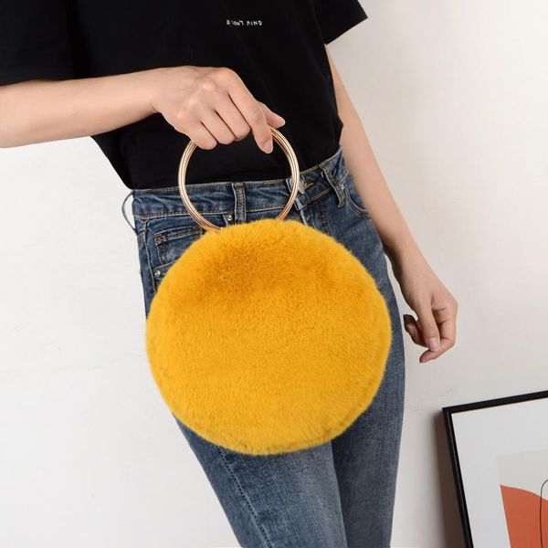 

evening bags women plush round shoulder bag soft faux fur cute circle crossbody purse shopping handbag travel satchel with chain ring