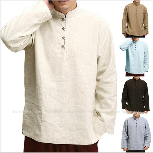 

chinese style tang suit hanfu men autumn t-shirts muslim islamic cotton loose blouse wushu uniform japanese costume ethnic clot clothin, Red