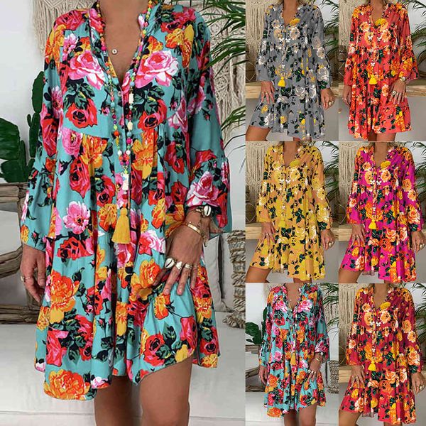 

2020 women summer dress boho style three quarter sleeve floral print chiffon beach tunic loose mini party, Black;gray