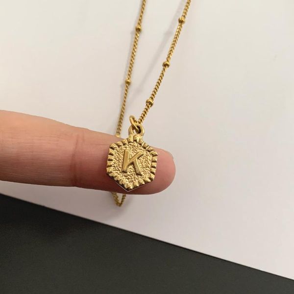 

pendant necklaces vintage a-z alphabet letter geometric carved charm clavicle necklace classic initial name steel beaded chain choker jewelr, Silver