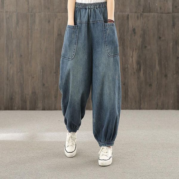 

jeans for women 2021 streetwear strass harem pants denim female korean fashion loose stitching pocket high waist trouser, Blue