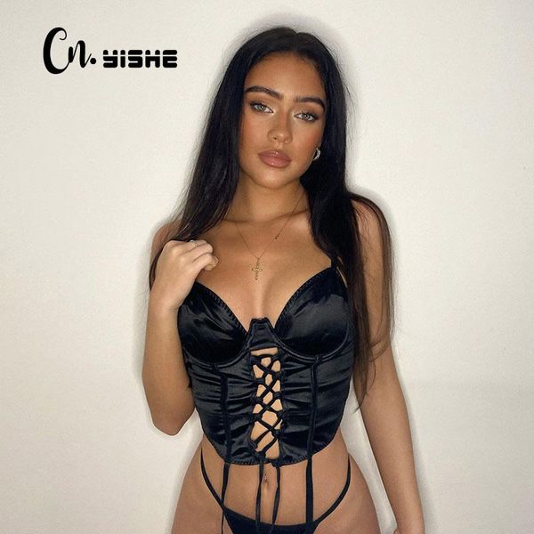 CNYishe Sexy Bandage Halter шнурок на шнуровке для женщин сатин танки без рукавов партия бак тозной уличной одежды панк черный жилет 210419