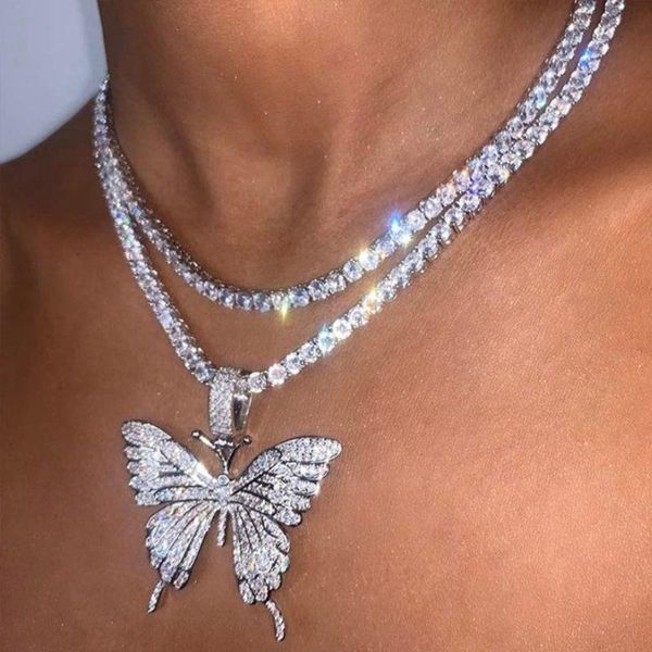 

chains statement big butterfly pendant necklace chain for women bling tennis crystal choker party jewelry, Silver