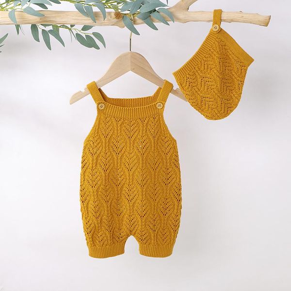 

rompers baby bodysuit knitted cotton born girl boy jumpsuit outfit sleeveless summer infant kid clothing hat hollow out 2pcs playsuit, Blue