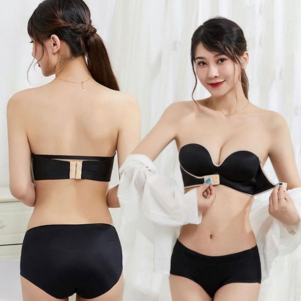 

bras strapless underwear women invisible push front bralette bandeau closure up wireless padded lingerie bra n7s9, Red;black