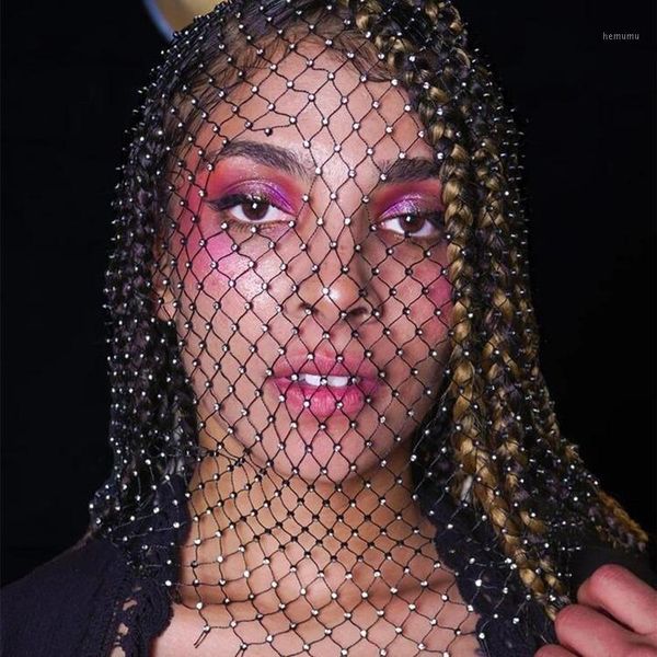 

luxury headdress rhinestone head scarf cover face women hair jewelry hollow mesh crystal bandana1
