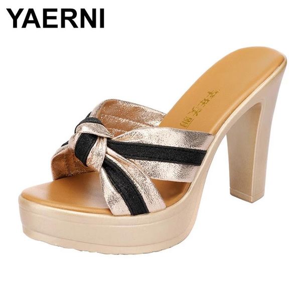 

outside block heels women slippers open toe thick bottom high big size platform shoes gold female, Black