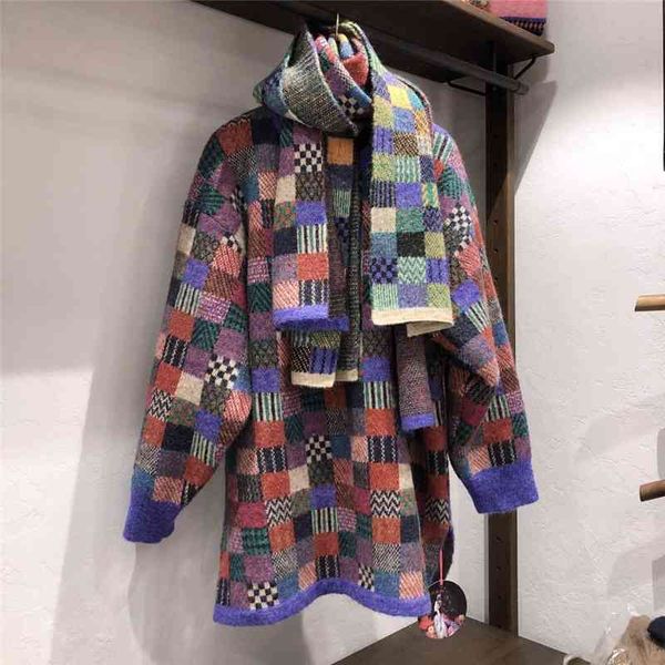 

hsa europanes retro swearer and pullovers 2 pieces with scarf women pull sweaters colorful plaid jumpers 20808 210417, White;black