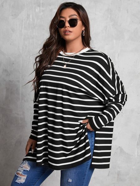 

plus striped print dolman sleeve split hem tee v2or#, Black