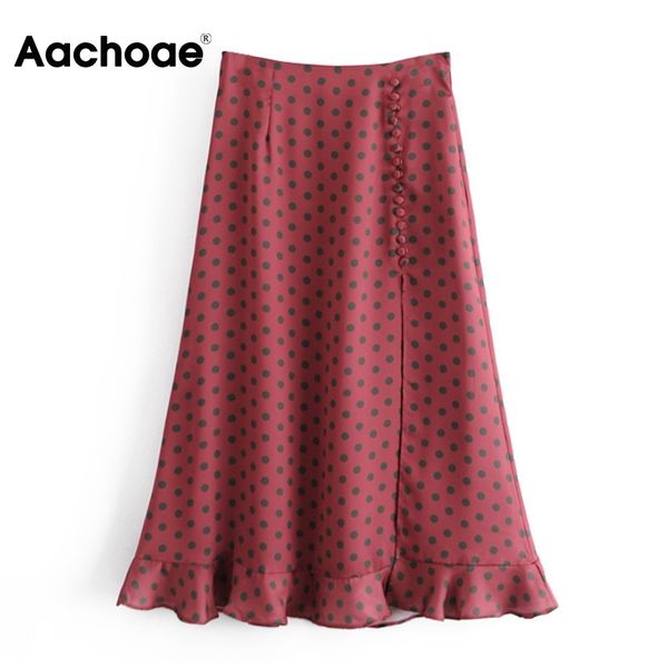 

elegant polka dot button front split skirts ruffles vintage a line long skirt lady bottoms faldas largas 210413, Black