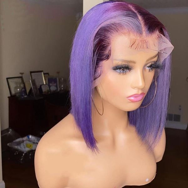 

synthetic wigs short bob 13*6 big deep lace front wig straight hair for afro black women purple color blond middle part daily