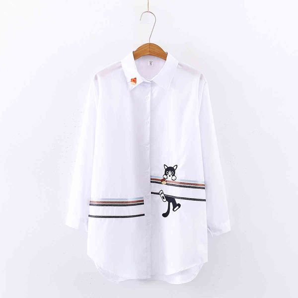 

2021 new women embroidery long sleeve white shirt button up turn down collar cute cartoon blouse long feminina blusas t9d62