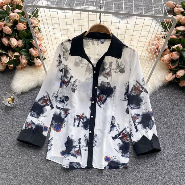 

women's blouses & shirts chiffon shirt summer fashion print single breasted wearing camisas de mujer long sleeve blouse t319, White