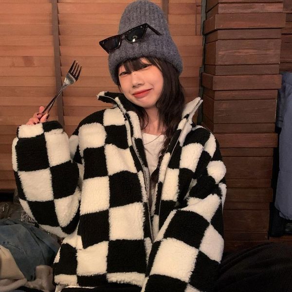 

women's jackets clothing han edition imitation lambs wool checkerboard ~ the zipper collar women long sleeve short coat, Black;brown