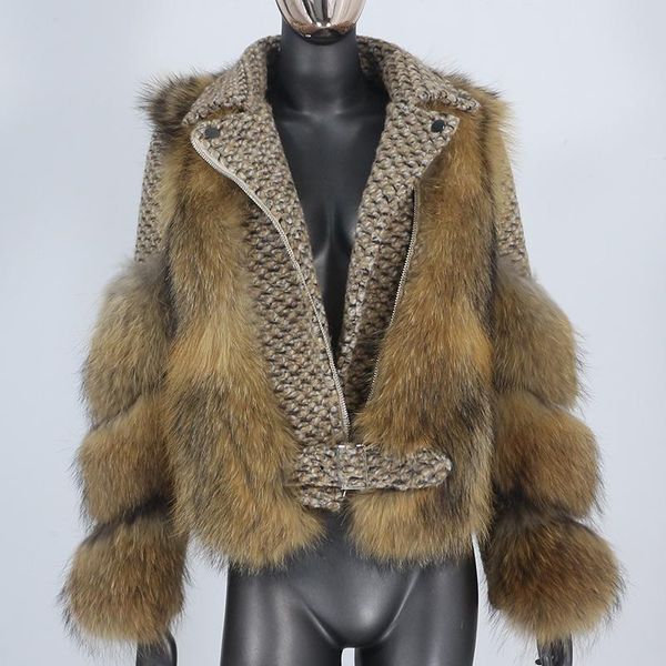 

women's fur & faux 2021 real coat vest winter jacket women natural raccoon wool outerwear detachable streetwear locomotive, Black