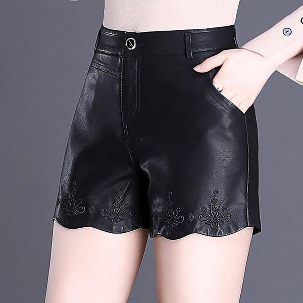 

women's shorts 2021 autumn women faux leather female elastic high waist wide leg ladies fashion casual loose h360, White;black