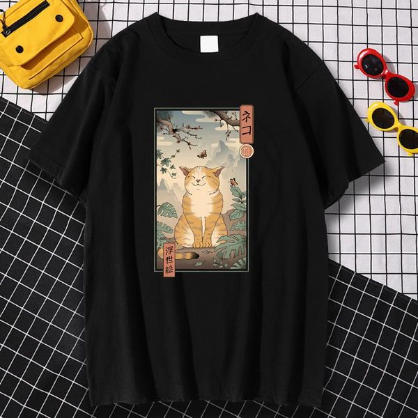 

men's t-shirts japan ukiyo e style cat printing t-shirt mens fashion manga clothing retro crew neck streetwear aesthetic tshirts, White;black