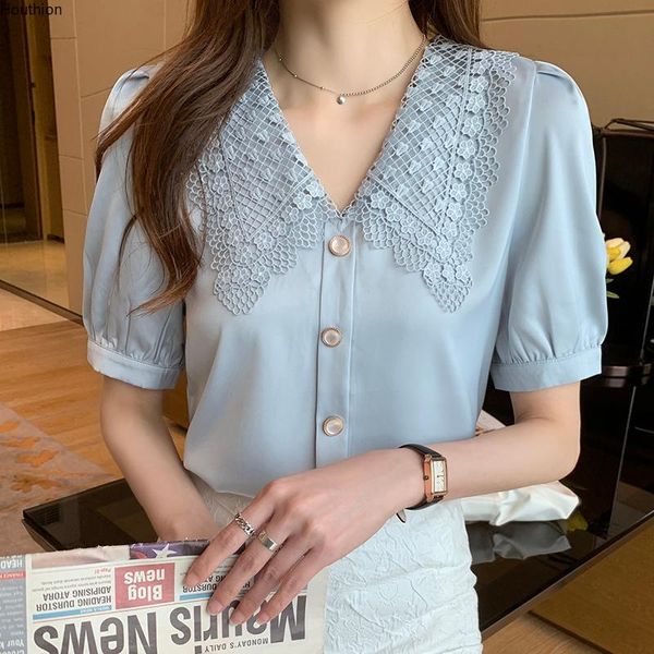 

women's blouses & shirts houthion silk short-sleeved blouse doll collar korean stitching lace comfortable fashion casual shirt, White