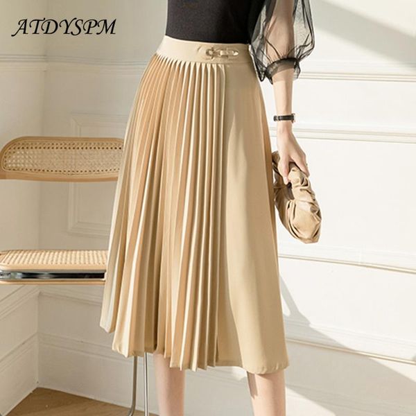 

skirts 2021 summer fashion high waist women vintage pleated midi elegant lady simple casual a-line skirt saia mujer falda, Black