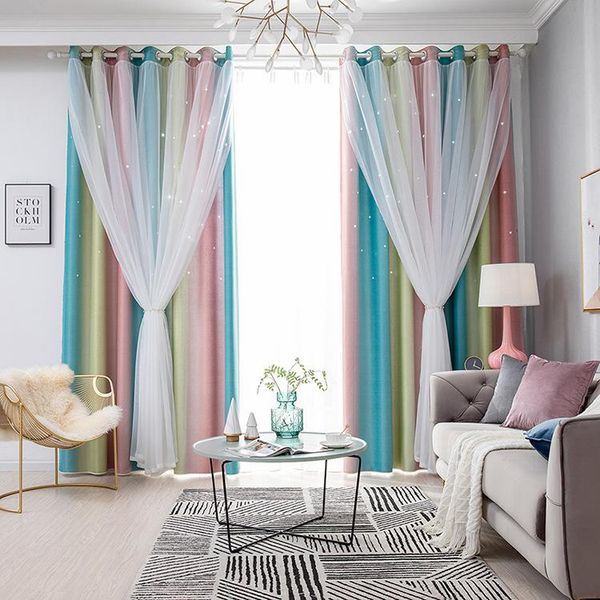 

curtain & drapes double layer window curtains, star cut out gradient stripes blackout curtains for study bedroom living room 100 cm*250 cm